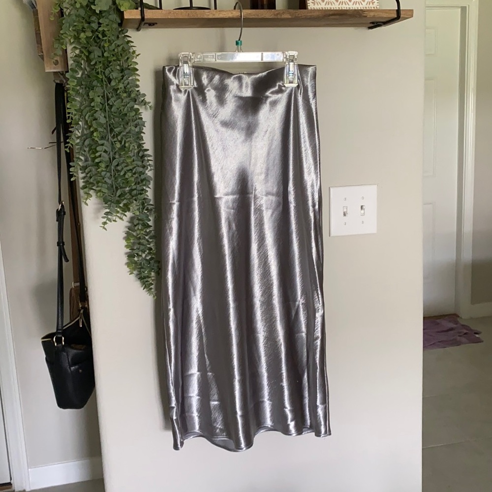 A New Day Silver Satin MIDI Skirt
